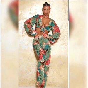 Pretty Little Thing Orange Big Leaf Beach Set Tie Front Top Wide Leg Trouser US8